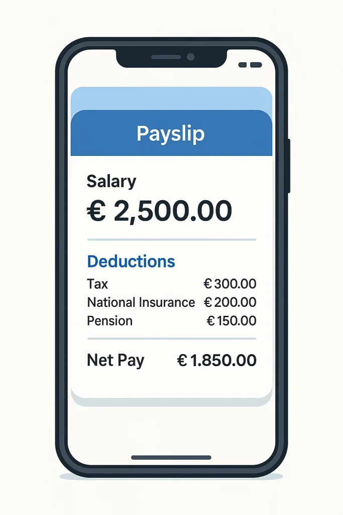 MySainsburys payslips app feature showing salary details, deductions, and net pay on a smartphone screen